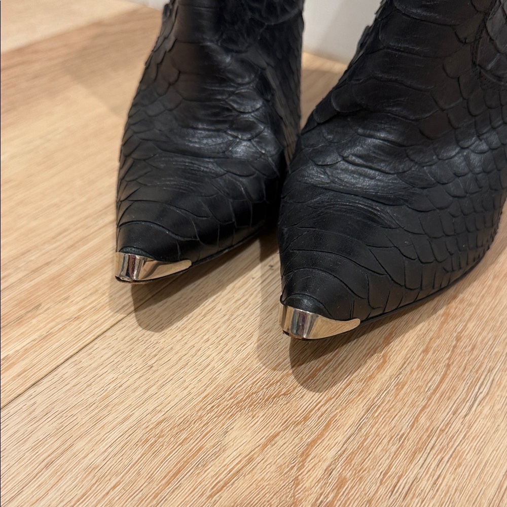 Amiri Black Leather Python Embossed Western Booties Metal Cap Toe 38 RARE